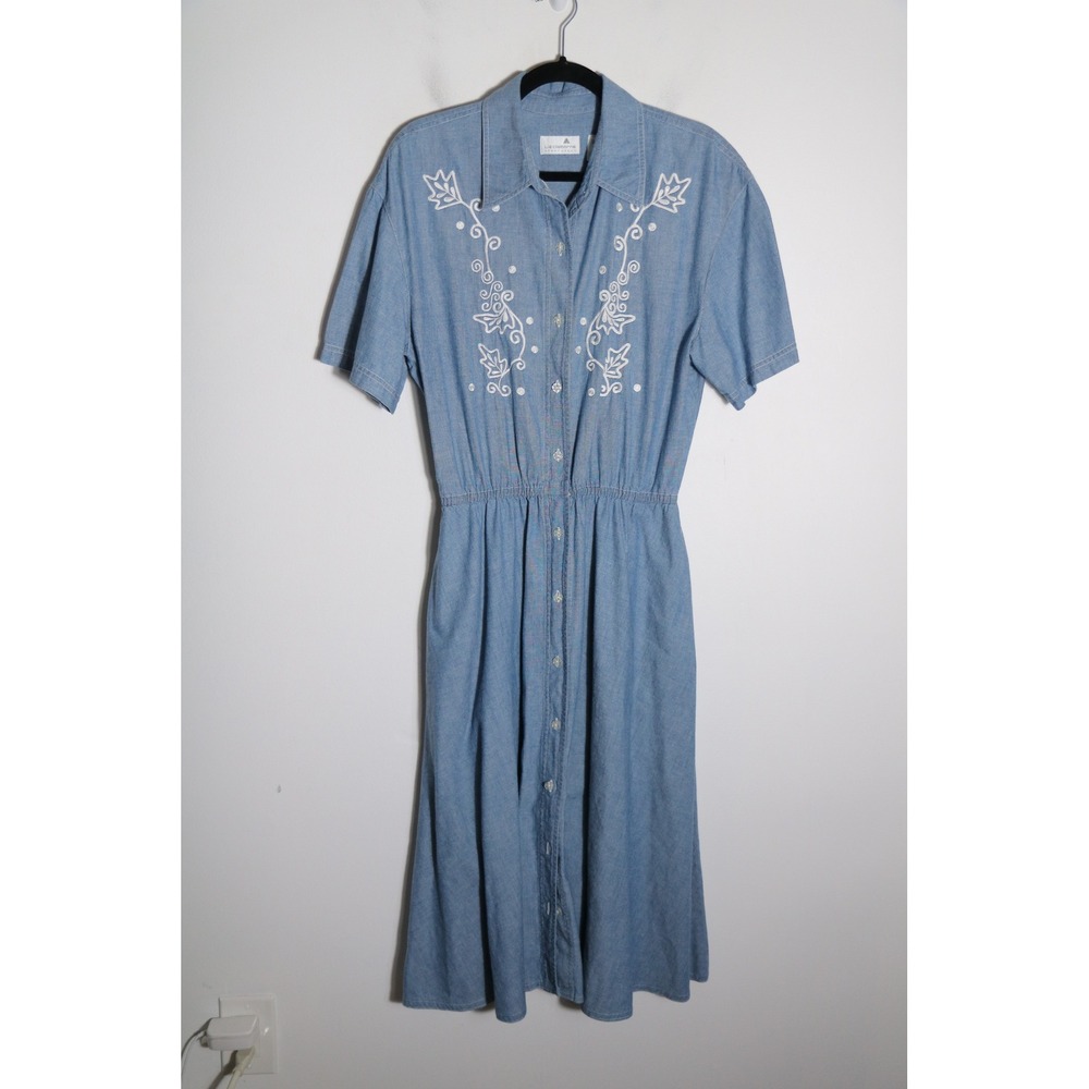 Liz‎ Claiborne 90s Vintage Denim Midi Dress 12 Cottagecore Western Embroidered